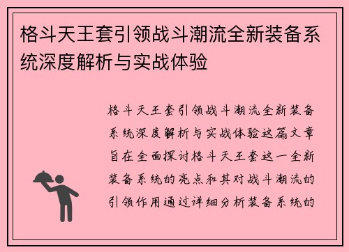 格斗天王套引领战斗潮流全新装备系统深度解析与实战体验