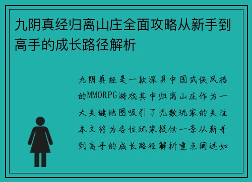 九阴真经归离山庄全面攻略从新手到高手的成长路径解析